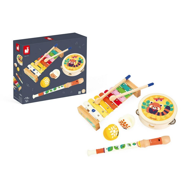 Set musicale per bambini contenente xilofono, tamburello, flauto e nacchere, tutto realizzato in legno - il regalo perfetto per gli aspiranti musicisti!